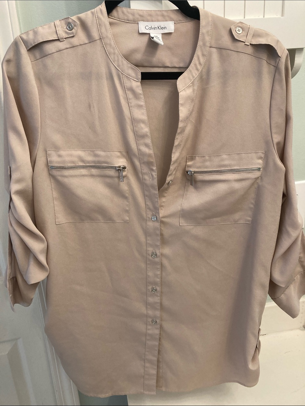 Calvin Klein Taupe Beige Zip-Pocket Button-Front Tunic Blouse
